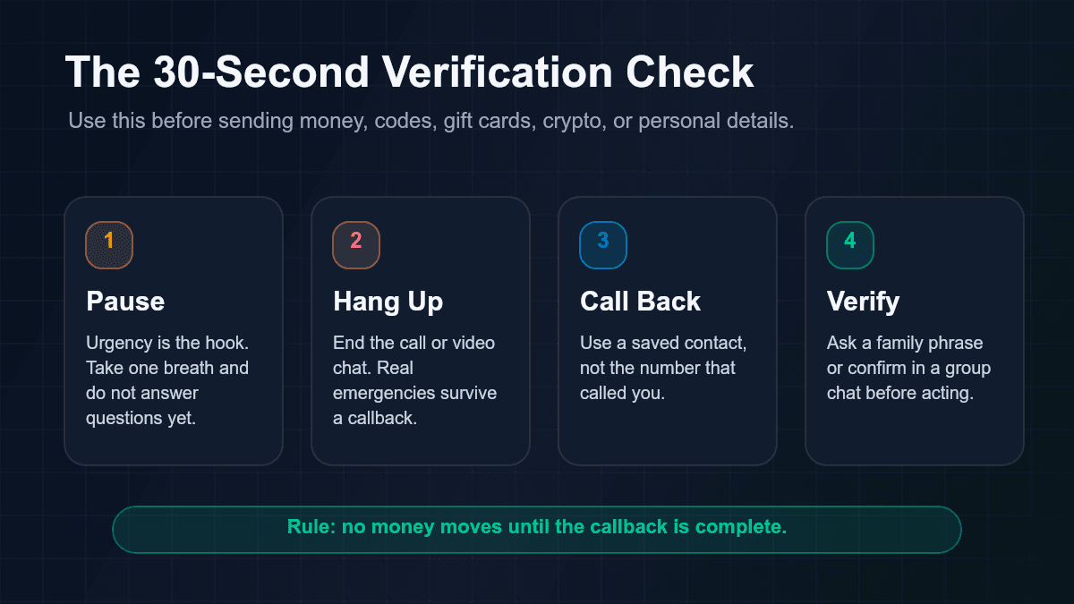Four-step AI voice scam verification checklist: pause, hang up, call back, verify