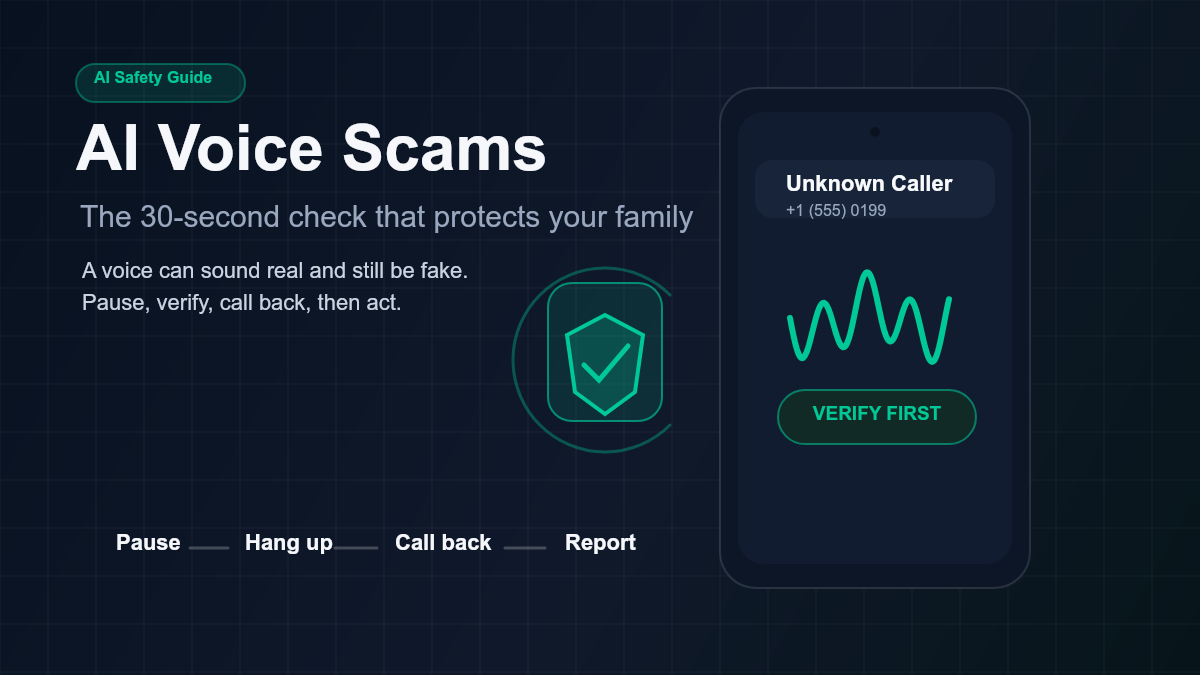 Illustration of an AI voice scam call with a verification shield