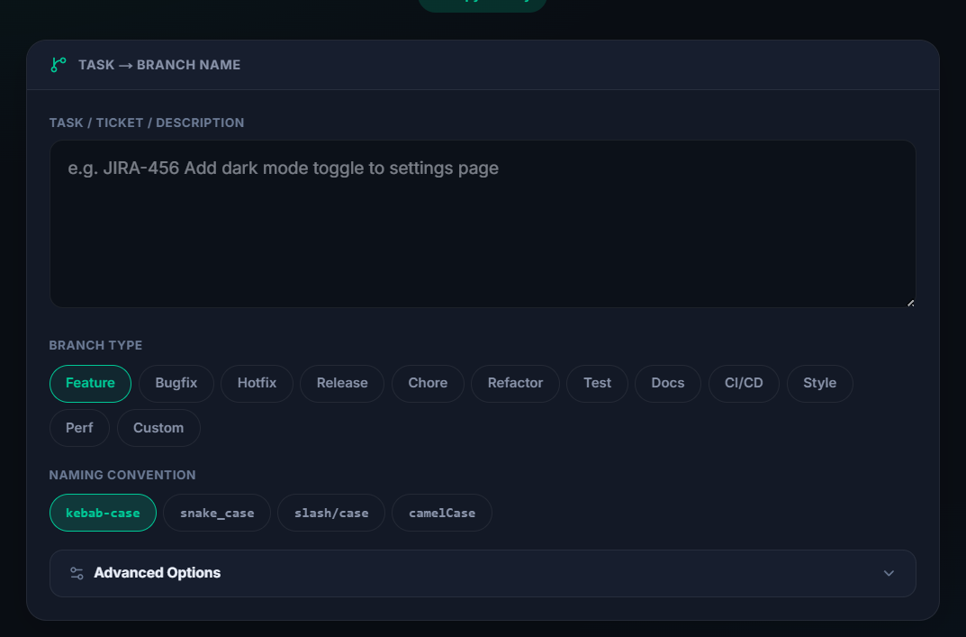 ToolsMint Branch Name Generator converting a task to a git branch name