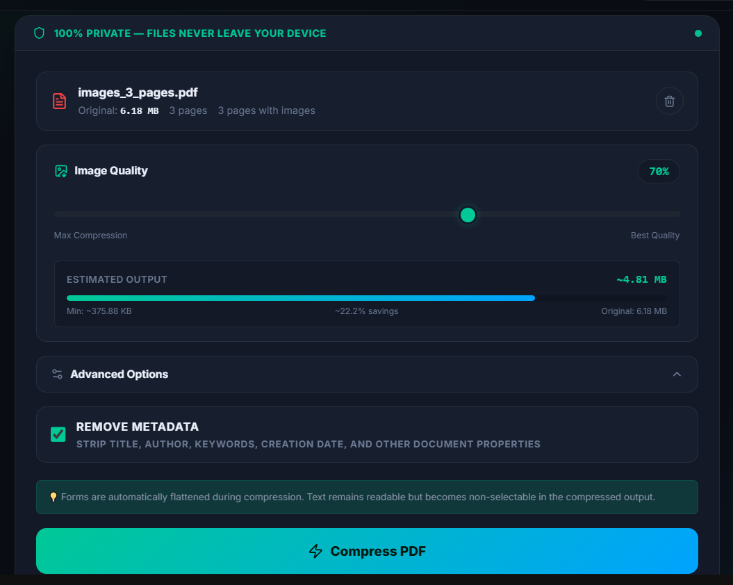 ToolsMint PDF Compressor showing quality slider and compression breakdown