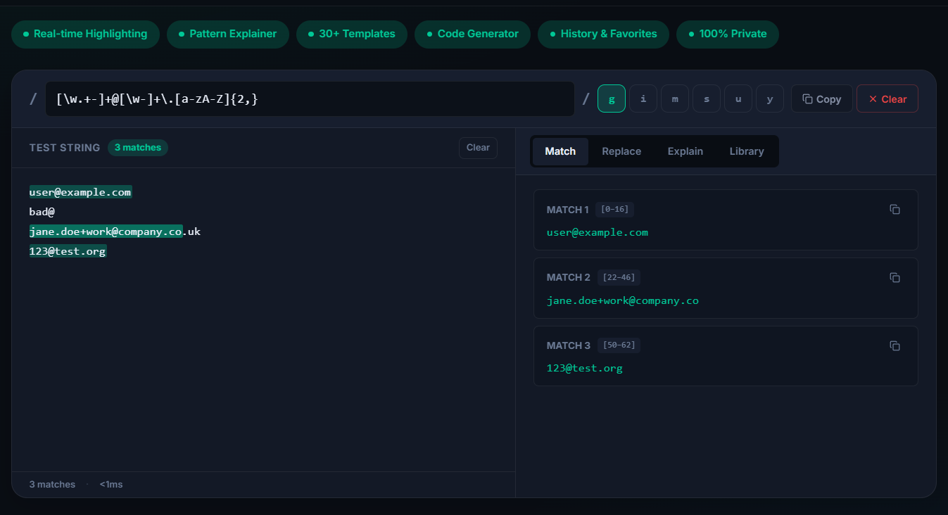 ToolsMint Regex Tester with real-time match highlighting